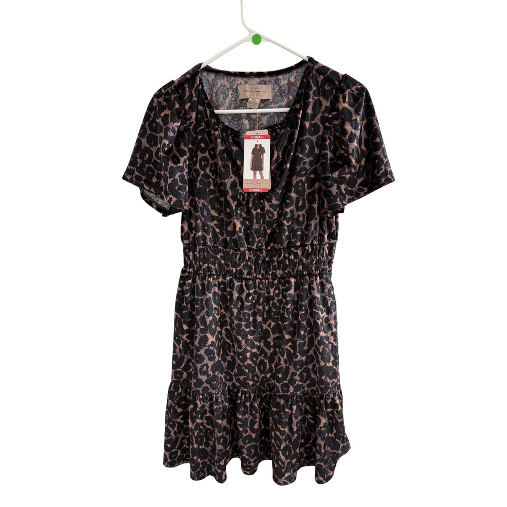 French Connection Leopard Mini Dress V-Neck Smocked Waist NWT XS Brown Black